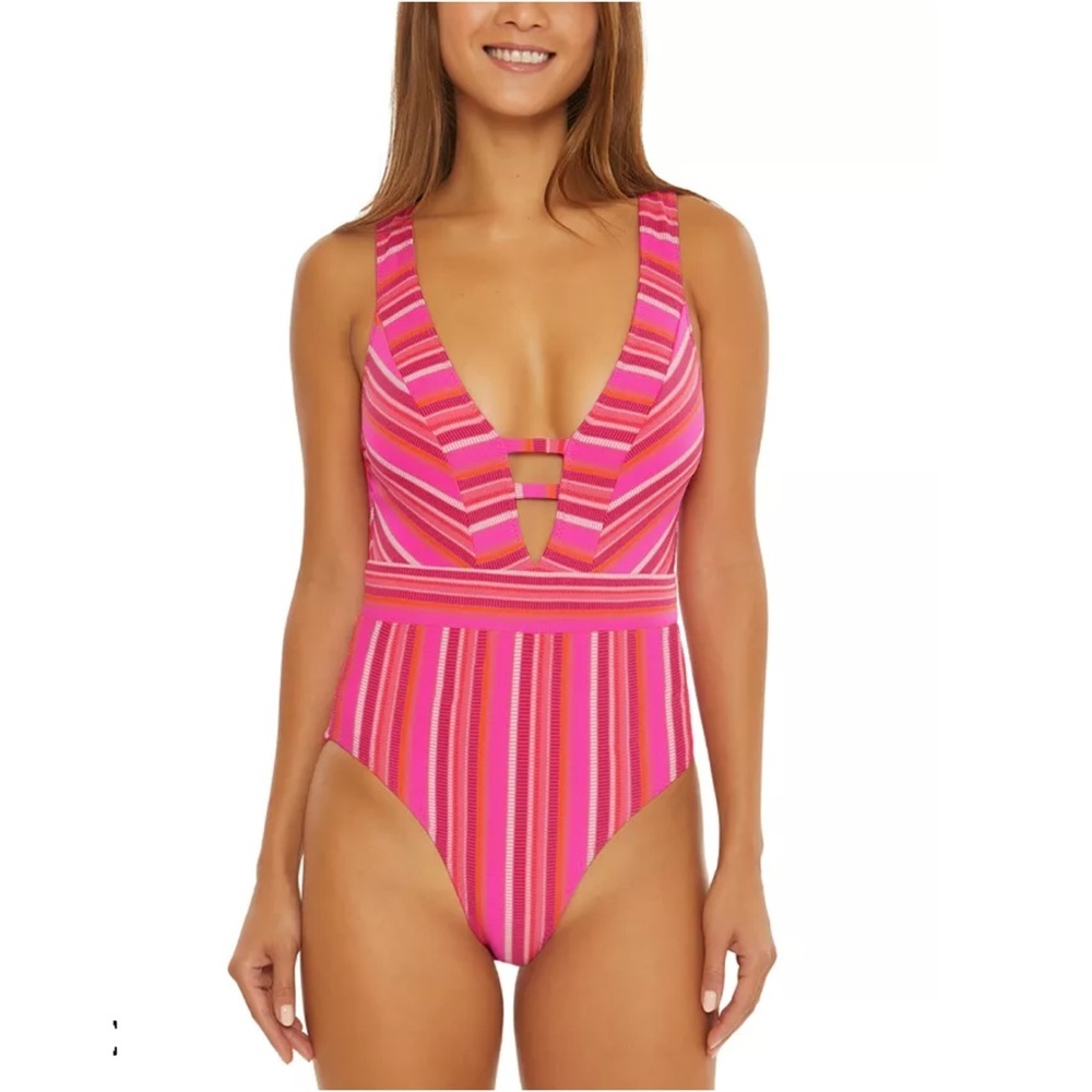 Trina Turk Marai Striped Plunge One-Piece Swimsuit Size 14